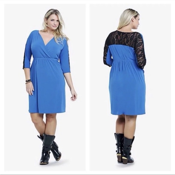torrid Dresses & Skirts - Torrid Blue Black Lace Yoke Knit Stretch Surplice Dress | size 2X